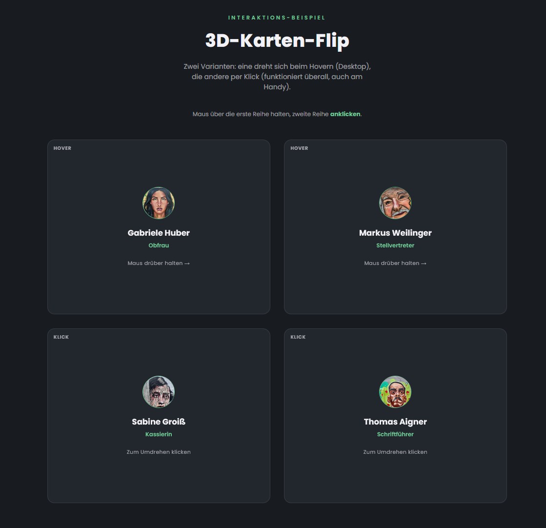 Demo einer 3D-Karten-Flip-Interaktion für Team-Vorstellungen