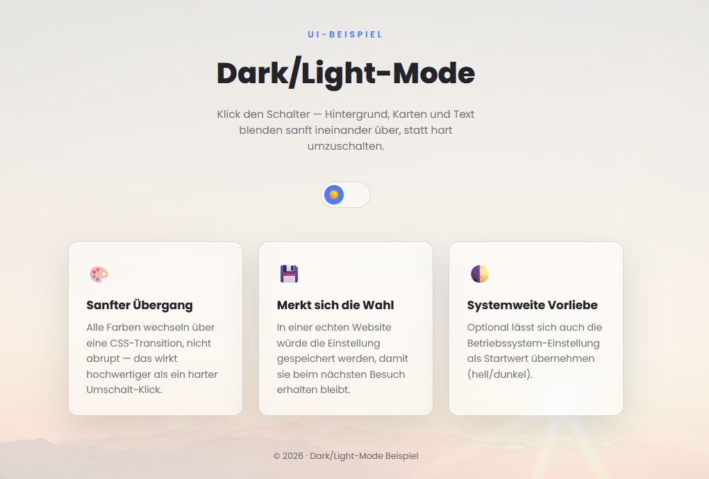 Demo eines Dark/Light-Mode-Umschalters mit sanftem Übergang