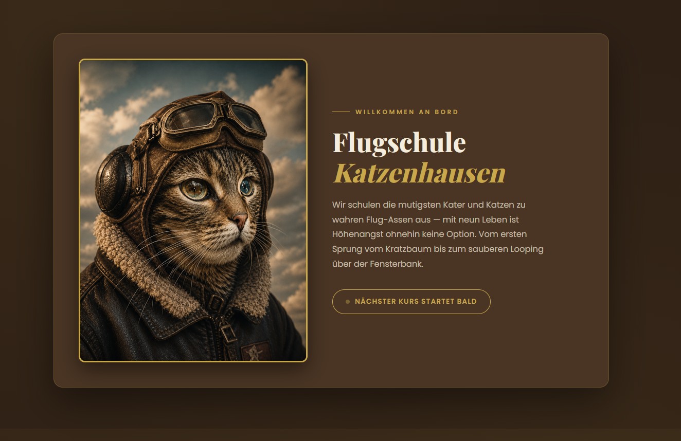 Demo-Seite im verspielten Stil einer Flugschule für Katzen