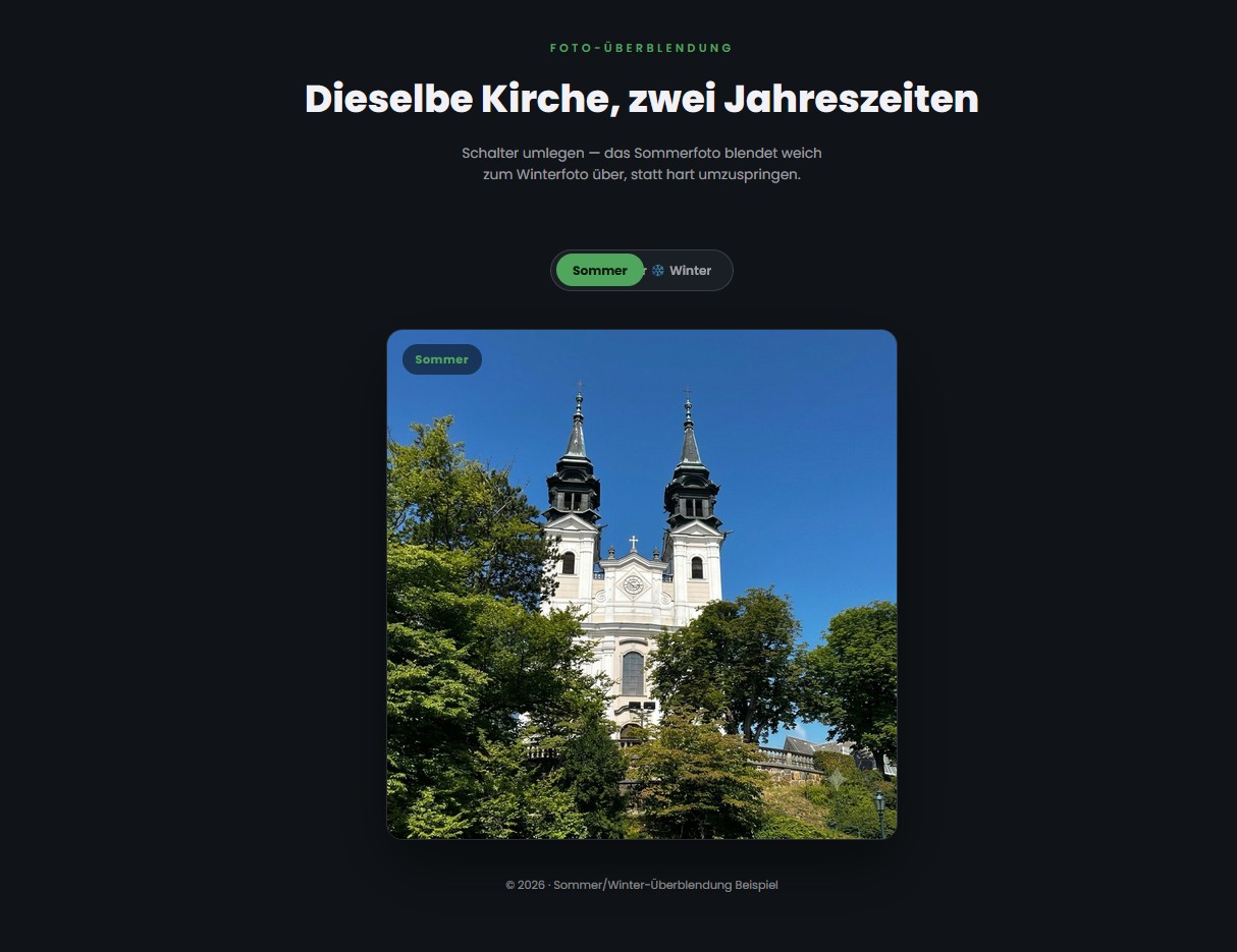 Demo einer Sommer/Winter-Foto-Überblendung derselben Kirche