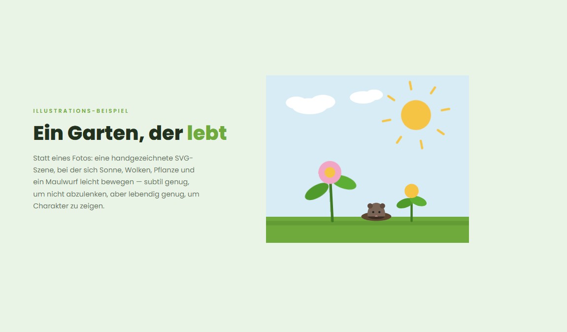 Demo einer animierten SVG-Garten-Illustration mit Maulwurf