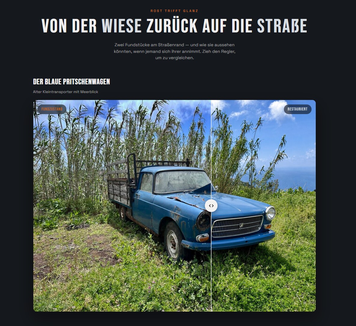 Demo einer Vorher/Nachher-Slider-Seite mit restaurierten Fahrzeugen
